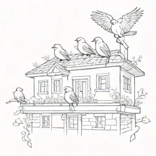 A sketch tattoo of a family of birds perched on a school building, symbolizing the client's love for their family and education tattoo design idea