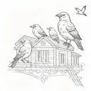 A sketch tattoo of a family of birds perched on a school building, symbolizing the client's love for their family and education tattoo design idea