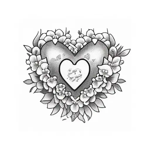 A heart-shaped bouquet of flowers with each petal representing a family member's name tattoo design idea