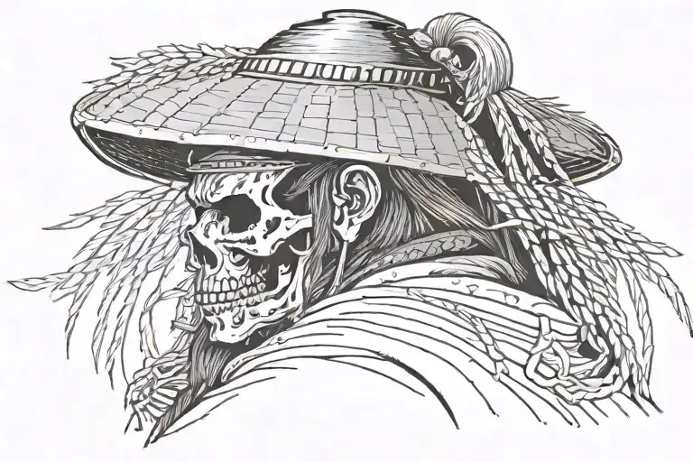 Traditional Japanese samurai, with a straw hat and skull style, looking down, in left profile and from the waist to head tattoo design idea