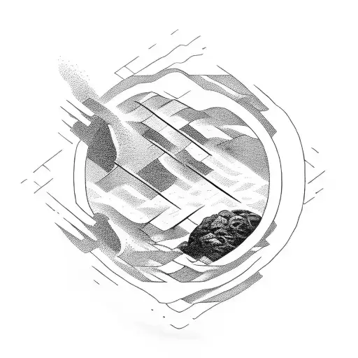 A powerful image of Sisyphus pushing a boulder uphill with a mesmerizing pattern of water waves surrounding him tattoo design idea