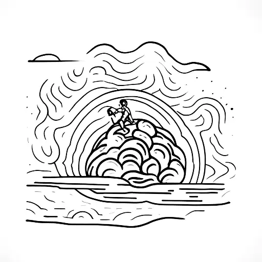 A powerful image of Sisyphus pushing a boulder uphill with a mesmerizing pattern of water waves surrounding him tattoo design idea
