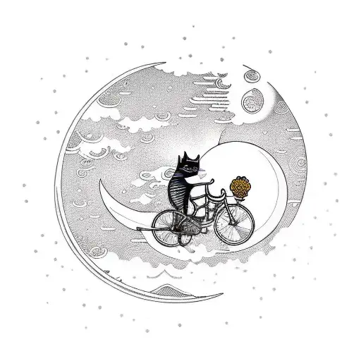 cat bicycle moon tattoo design idea