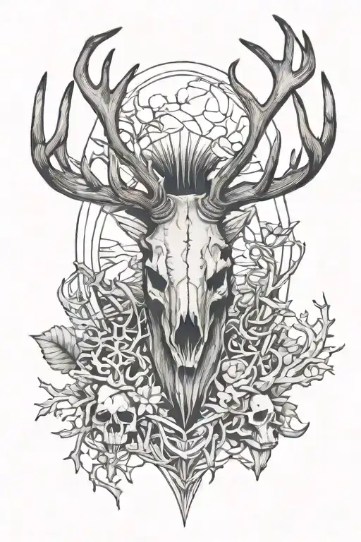 deer and elk skulls with antlers and fish skeletons  tattoo design idea