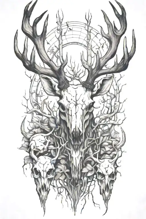 deer and elk skulls with antlers and fish skeletons  tattoo design idea