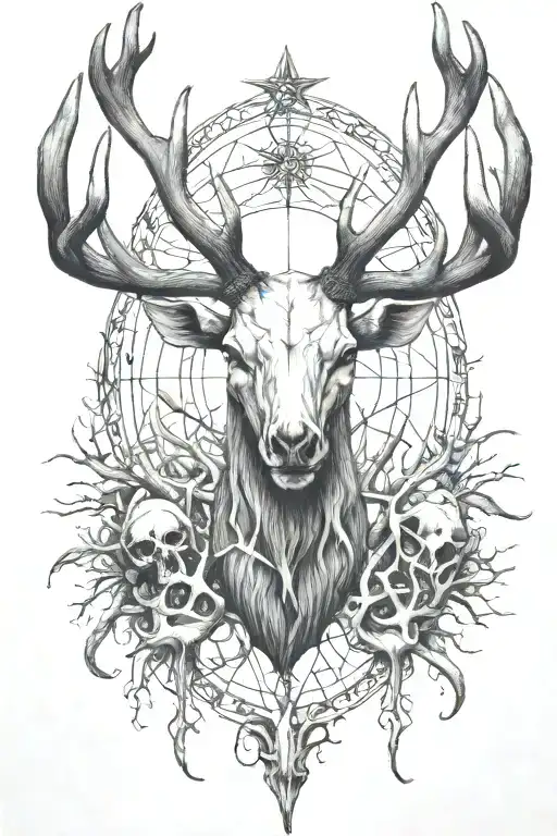 deer and elk skulls with antlers and fish skeletons tattoo design idea