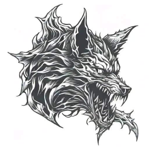 demonic wolf, lot of dark lines, inspired in berserk and dark souls tattoo design idea