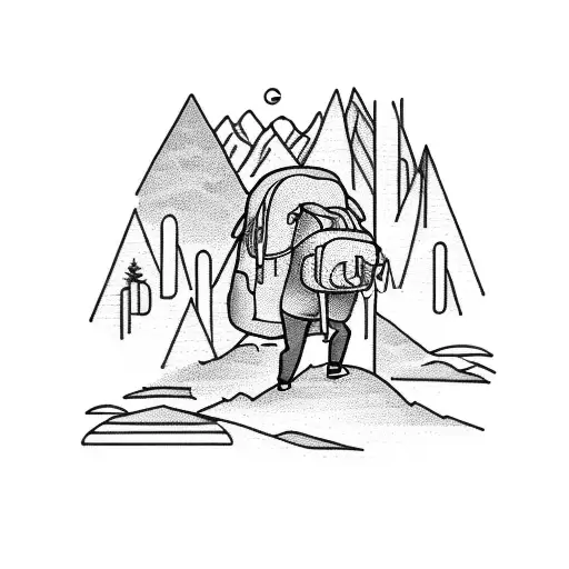 hiker in mountains with his memories in his backpack  tattoo design idea