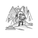 hiker in mountains with his memories in his backpack  tattoo design idea