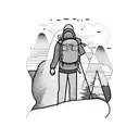 hiker in mountains with his memories in his backpack  tattoo design idea