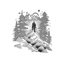 hiker in mountains with his memories in his backpack and add quote that says The best view comes after the hardest climb tattoo design idea
