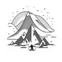 hiker in mountains with his memories in his backpack and add quote that says The best view comes after the hardest climb tattoo design idea