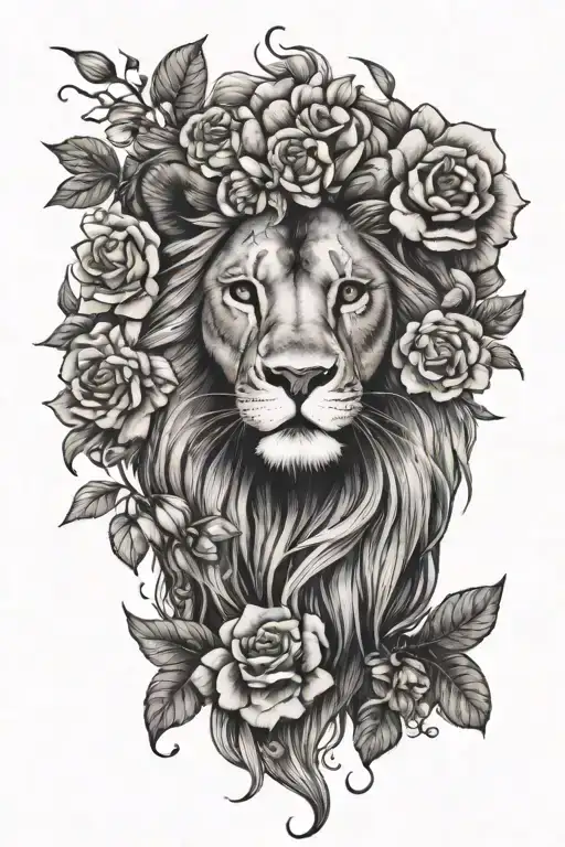 feminine lion tattoo with flowers surrounding it tattoo design idea