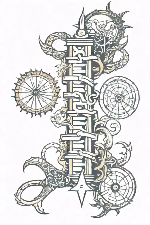 spine tattoo featuring iconic symbols tattoo design idea