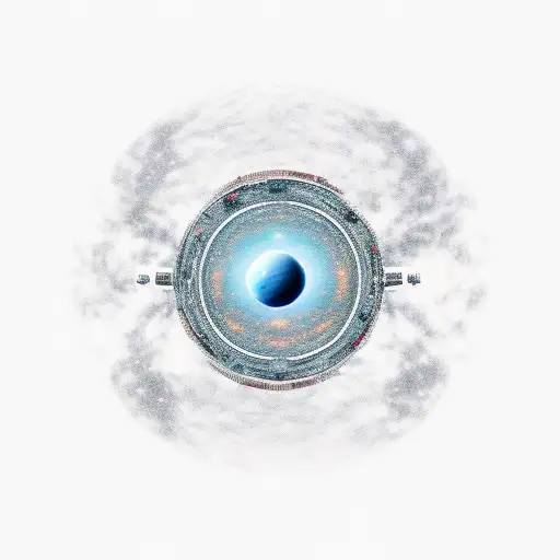 A cosmic space scene with a soldier standing on a planet, gazing up at a massive black hole in the sky tattoo design idea