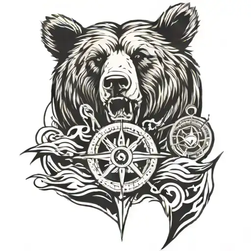 Bear roaring in the Sea with a Compass and Anchor By the side of the Bear tattoo design idea