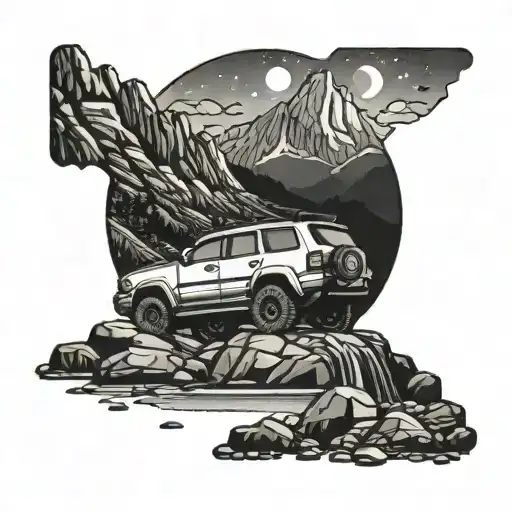 An offroading vehicle navigating through a rocky mountain terrain with a river cutting through the landscape tattoo design idea