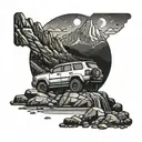 An offroading vehicle navigating through a rocky mountain terrain with a river cutting through the landscape tattoo design idea