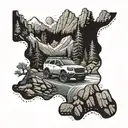 An offroading vehicle navigating through a rocky mountain terrain with a river cutting through the landscape tattoo design idea