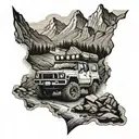 An offroading vehicle navigating through a rocky mountain terrain with a river cutting through the landscape tattoo design idea
