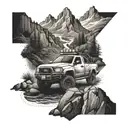 An offroading vehicle navigating through a rocky mountain terrain with a river cutting through the landscape tattoo design idea