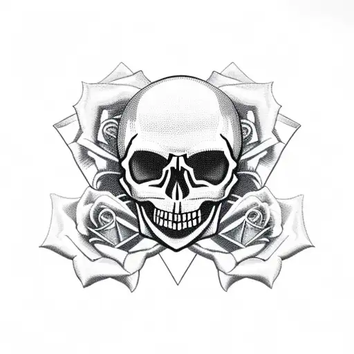 skull with rose through it and a bullet hole in the skull tattoo design idea