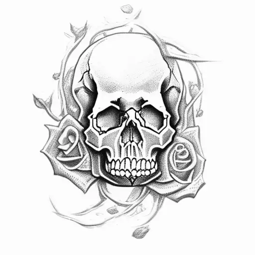 skull with rose and vine and bullet hole tattoo design idea