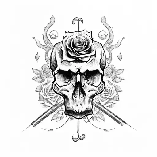 skull with bullet hole and roses with vines  tattoo design idea