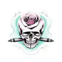 skull with rose through it and a bullet hole in the skull tattoo design idea