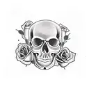 skull with rose through it and a bullet hole in the skull tattoo design idea