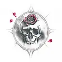 skull with rose through it and a bullet hole in the skull tattoo design idea