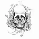 skull with rose and vine and bullet hole tattoo design idea