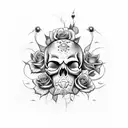 skull with rose and vine and bullet hole tattoo design idea