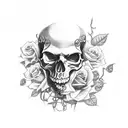skull with rose and vine and bullet hole tattoo design idea