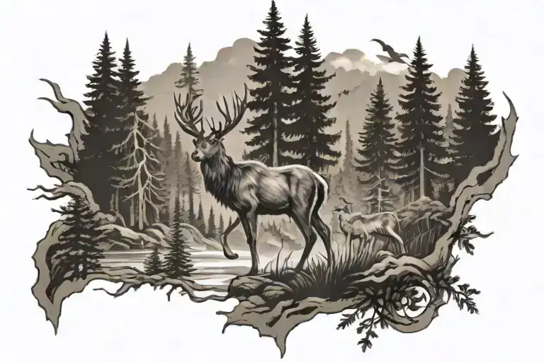 deer wolf forest scene tattoo design idea