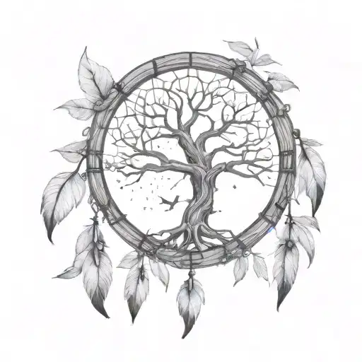 LEAVES IN THE TREE. NO LEAF AROUND THE DREAM CATCHER tattoo design idea