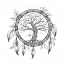 LEAVES IN THE TREE. NO LEAF AROUND THE DREAM CATCHER tattoo design idea