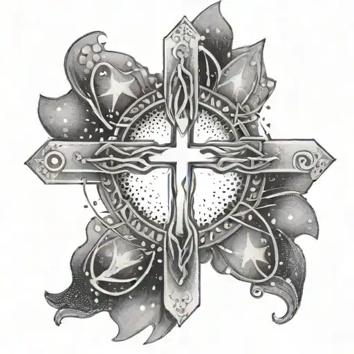 A dotwork tattoo of a cross intertwined with Aries constellation stars tattoo design idea