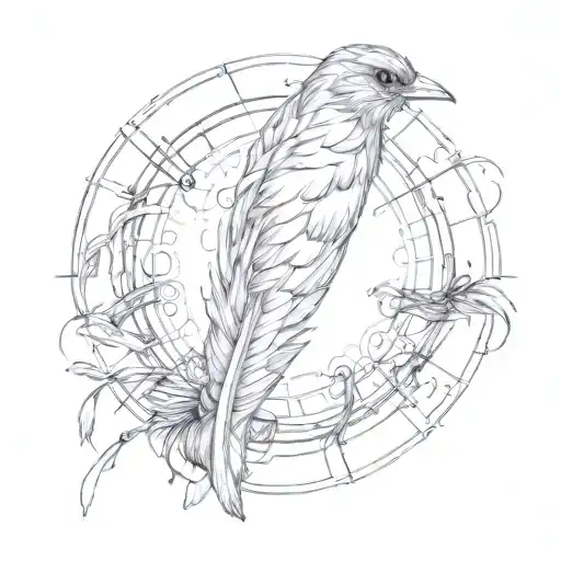 A feather with a small bird perched on it, surrounded by interconnected rings. tattoo design idea
