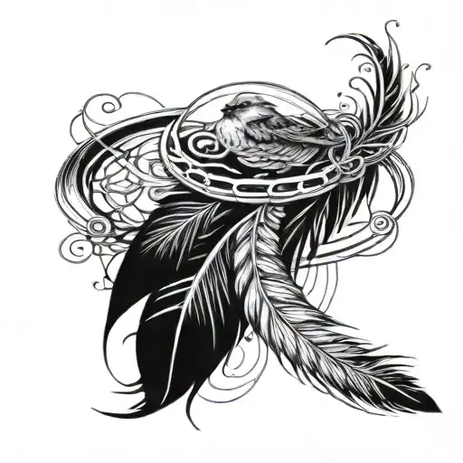 A feather with a small bird perched on it, surrounded by interconnected rings. tattoo design idea