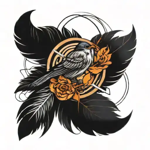 A feather with a small bird perched on it, surrounded by interconnected rings. tattoo design idea