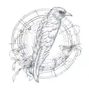 A feather with a small bird perched on it, surrounded by interconnected rings. tattoo design idea