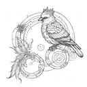 A feather with a small bird perched on it, surrounded by interconnected rings. tattoo design idea