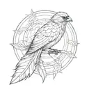 A feather with a small bird perched on it, surrounded by interconnected rings. tattoo design idea