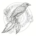 A feather with a small bird perched on it, surrounded by interconnected rings. tattoo design idea