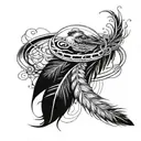 A feather with a small bird perched on it, surrounded by interconnected rings. tattoo design idea