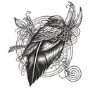 A feather with a small bird perched on it, surrounded by interconnected rings. tattoo design idea