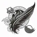 A feather with a small bird perched on it, surrounded by interconnected rings. tattoo design idea