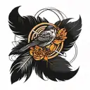 A feather with a small bird perched on it, surrounded by interconnected rings. tattoo design idea