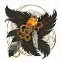 A feather with a small bird perched on it, surrounded by interconnected rings. tattoo design idea
